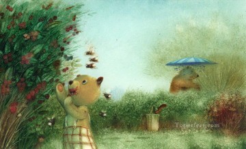 面白いペット Painting - おとぎ話 クマ クマ 蜂蜜を盗む ふざけたユーモア ペット